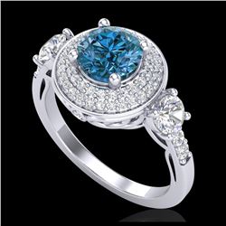2.05 ctw Intense Blue Diamond Art Deco 3 Stone Ring 18K White Gold - REF-300F2N - SKU:38146