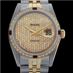 Rolex Men's Two Tone 14K Gold/SS, QuickSet, Diam Pave Dial & Diam/Ruby Bezel - REF-665K3T