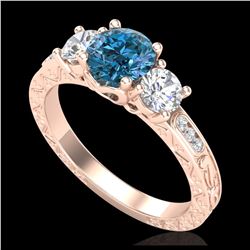 1.41 ctw Intense Blue Diamond Art Deco 3 Stone Ring 18K Rose Gold - REF-180F2N - SKU:37762
