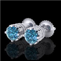 3 ctw Fancy Intense Blue Diamond Art Deco Earrings 18K White Gold - REF-349X3R - SKU:37362