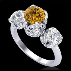 3 ctw Intense Yellow Diamond Art Deco 3 Stone Ring 18K White Gold - REF-470M9F - SKU:37434