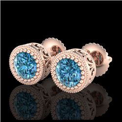 1.09 ctw Fancy Intense Blue Diamond Art Deco Earrings 18K Rose Gold - REF-143M6F - SKU:37482