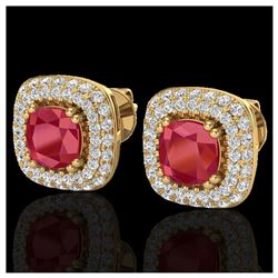 2.16 ctw Ruby & VS/SI Diamond Earrings Halo 18K Yellow Gold - REF-105F6N - SKU:20347
