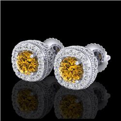 1.69 ctw Intense Fancy Yellow Diamond Art Deco Earrings 18K White Gold - REF-254F5N - SKU:37994