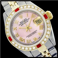 Rolex Ladies Two Tone 14K Gold/ss, Roman Dial with Diam/Ruby Bezel, Sapphire Crystal - REF-428Y6X