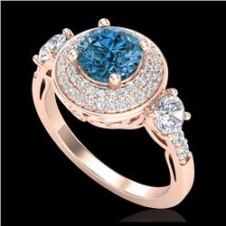 2.05 ctw Intense Blue Diamond Art Deco 3 Stone Ring 18K Rose Gold - REF-300R2K - SKU:38147