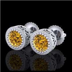 1.09 ctw Intense Fancy Yellow Diamond Art Deco Earrings 18K White Gold - REF-163K6W - SKU:37483