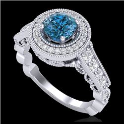 1.12 ctw Fancy Intense Blue Diamond Art Deco Ring 18K White Gold - REF-167A3V - SKU:37691