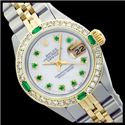 Rolex Men's Two Tone 14K Gold/SS, QuickSet, Diam/Emerald Dial & Diam/Emerald Bezel - REF-557F7M