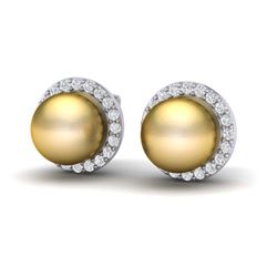 0.50 ctw Diamond & Golden Pearl Earrings 18K White Gold - REF-61F3N - SKU:21494