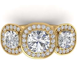 2.7 ctw VS/SI Cushion Diamond Art Deco 3 Stone Ring 18K Yellow Gold - REF-539M2F - SKU:32602