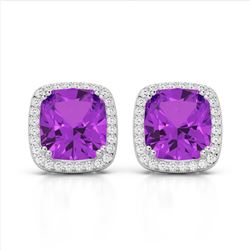 6 ctw Amethyst & VS/SI Diamond Halo Earrings 18K White Gold - REF-77N3A - SKU:22795