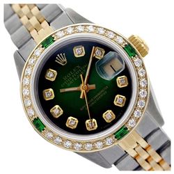 Rolex Men's Two Tone 14K Gold/SS, QuickSet, Diam Dial & Diam/Emerald Bezel - REF-557N3A