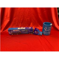 Richard Petty Number 43 Cupholder. Styrofoam Plus a Richard Petty Semi Truck and Trailer