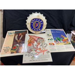 A  Pages.  Fosters Lager Wall Clock. Missing the Clock Part, but Nice Graphics with 3 Vintage Advert