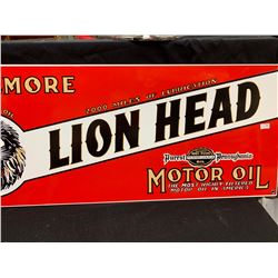 Gilmore Monarch of Oil Lionhead Sign. 31" Long x 12" H Reproduction Sign in Fantastic Shape. Nice Lo