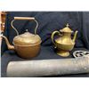 Image 2 : A Brass Shelf Lot 2 Brass Kettles Brass Sailboat, Trivet Etc