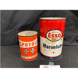 Spoit Oil True Oil Additive Full Tin + an Esso Marvel Lube Heavy Duty Motor Oil Tin.