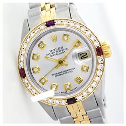Rolex Men's Two Tone 14K Gold/SS, QuickSet, Diam Dial & Diam/Ruby Bezel - REF-557H4W