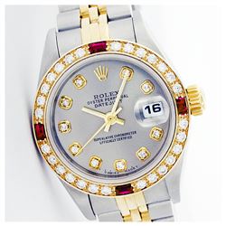 Rolex Men's Two Tone 14K Gold/SS, QuickSet, Diam Dial & Diam/Ruby Bezel - REF-557K5T