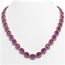 57.07 ctw Amethyst & Diamond Halo Necklace 10K Rose Gold - REF-654R5K - SKU:40689