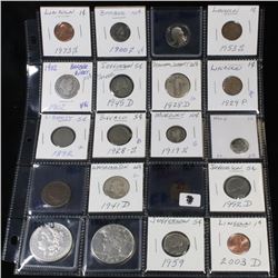 Page of 20 Mixed coins Morgan $1, Peace $1, Proof Washington 25c, Barber 5c, Indian 1c, Buffalo 5c