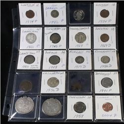 20 Mixed coins Morgan $1, Peace $1, Proof Washington 25c, Barber 10c, Indian 1c, Buffalo 5c Grades