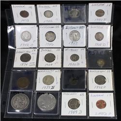 Page of 20 Mixed coins Morgan $1, Peace $1, Proof Washington 25c, Barber 10c, Indian 1c, Buffalo 5c
