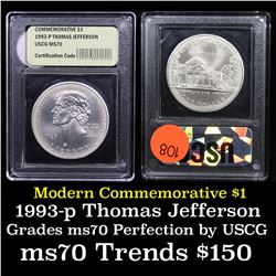 1993-p Thomas Jefferson Modern Commem Dollar $1 Graded ms70, Perfection By USCG