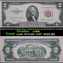 1953B $2 Red Seal AA-Block Silver Certificate Signatures Smith/Dillon Fr-1511 EPQ Grades Gem++ CU