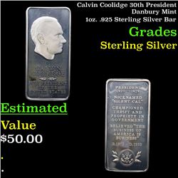 Calvin Coolidge 30h President Danbury Mint 1oz. .925 Sterling Silver Bar