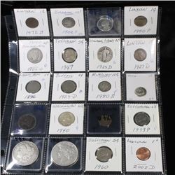 20 Mixed coins Morgan $1, Peace $1, Silver Proof Washington 25c, Barber 10c, Indian 1c, Buffalo 5c