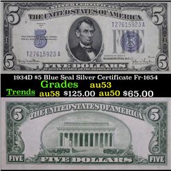 1934D $5 Blue Seal Silver Certificate Fr-1654 Grades Select AU