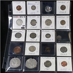 Page of 20 Mixed coins Morgan $1, Peace $1, Standing Liberty 25c, Barber 10c, Indian 1c, Buffalo 5c