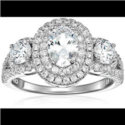 Sterling Silver Oval Halo Engagement Ring with  Round Side Stones, Oval Cubic Zirconia Size 6