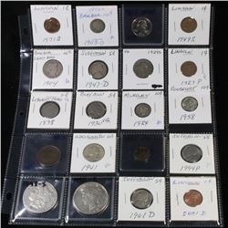 Page of 20 Mixed coins Morgan $1, Peace $1, Standing Liberty 25c, Barber 10c, Indian 1c, Buffalo 5c