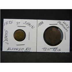 1883 Ten Reis, 1875 Spain Five Pesetas