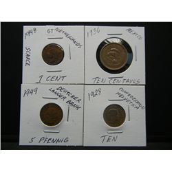 1948 Netherlands Cent, 1949 Dutch Five Pfennig, 1936 Ten Centavos, 1928 Helvetica Dime