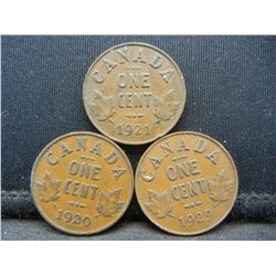 3 Canada George V Cents Dated 1920 1921 1929.