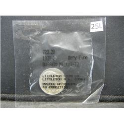 1938-D Buffalo Nickel Graded Very Fine by Littleton Coin Company in Cellophane.