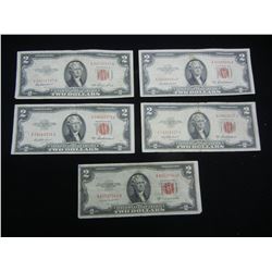 Five $2 1953 Red Seal United States Notes.