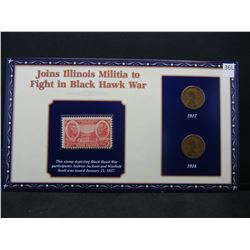 1917 & 1918 Lincoln Cent and Stamp Set, Commemorating Lincoln Joining the Illinois Militia.