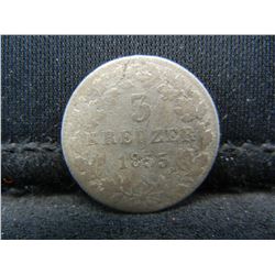 1855 Nassau German State 3 Kreuzer 33% Silver Coin.  Coin Weighs 0.04 Troy Ounce.