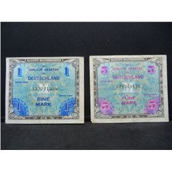 Series of 1944 Germany 1 & 5 Mark Military Currency.