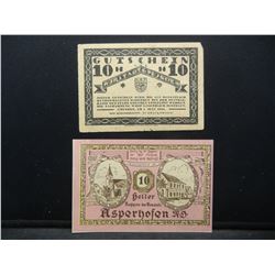 (2) 1920 Austria Notgeld (Not real money used in the depression).  Crisp Uncirculated.