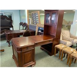 SAMUEL LAWRENCE DARK WOOD INLAID 6 DRAWER PARTNER DESK, 2 DOOR SIDE HUTCH & LEATHER STUDDED MOBILE