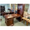 Image 1 : SAMUEL LAWRENCE DARK WOOD INLAID 6 DRAWER PARTNER DESK, 2 DOOR SIDE HUTCH & LEATHER STUDDED MOBILE