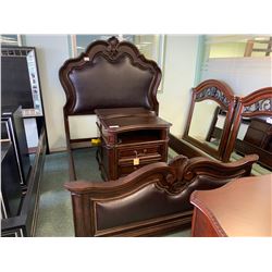 5 PCS SCHNADIG DARK WOOD AND LEATHER STUDDED QUEEN SIZE BEDROOM SUIT INCLUDING ; HEADBOARD,