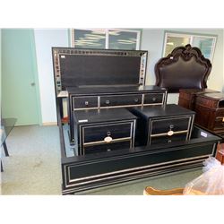 7 PCS BLACK AND LEATHER MODERN BEDROOM SUIT INCLUDING ; HEADBOARD, FOOTBOARD, SIDERAILS, 9 DRAWER