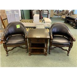 DARK WOOD WHISKEY SINGLE DRAWER END TABLE & 2 BLACK LEATHER STUDDED MOBILE OCCASIONAL CHAIRS